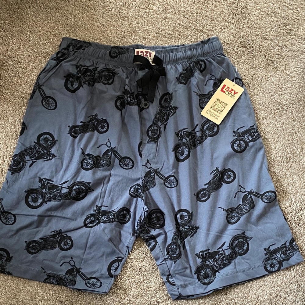 Lazy One Slate Blue Motorcycle Lounge Shorts - Black Print Medium